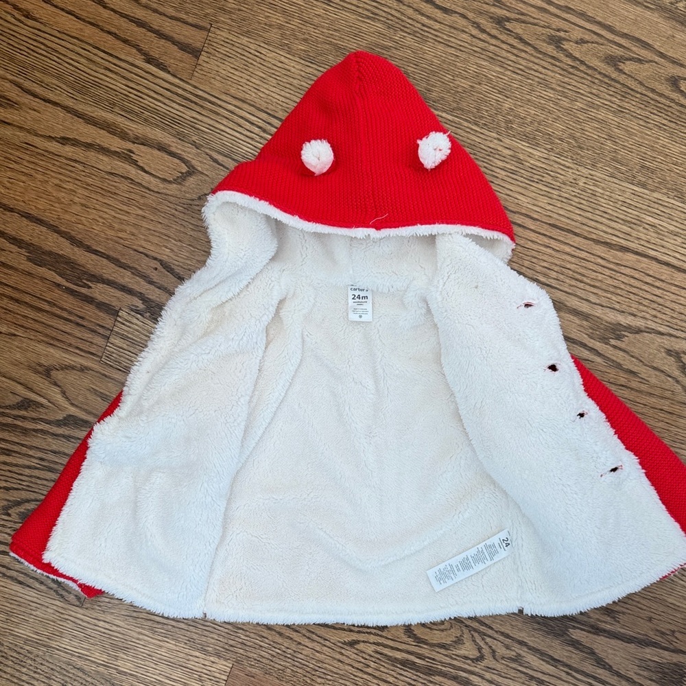Carters Red Knit Button Coat Baby Sherpa Hooded Size 12M - Picture 7 of 7